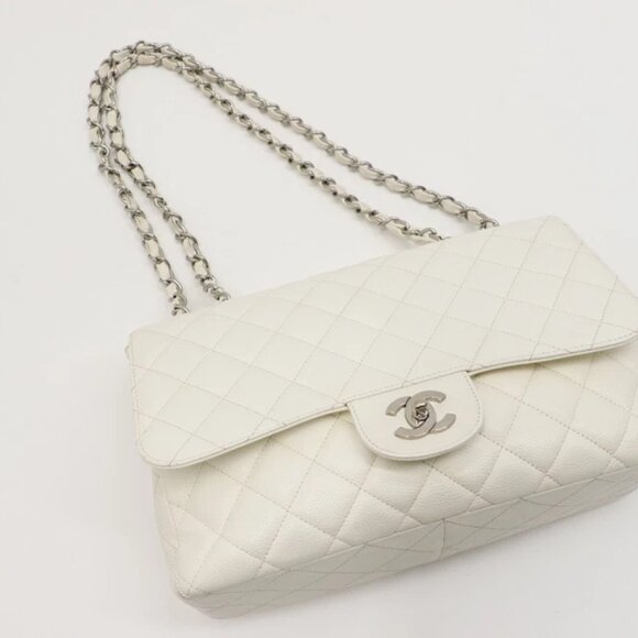 Chanel White Vintage Classic Single Flap Bag Quilted Caviar Jumbo - Picture 6 of 14